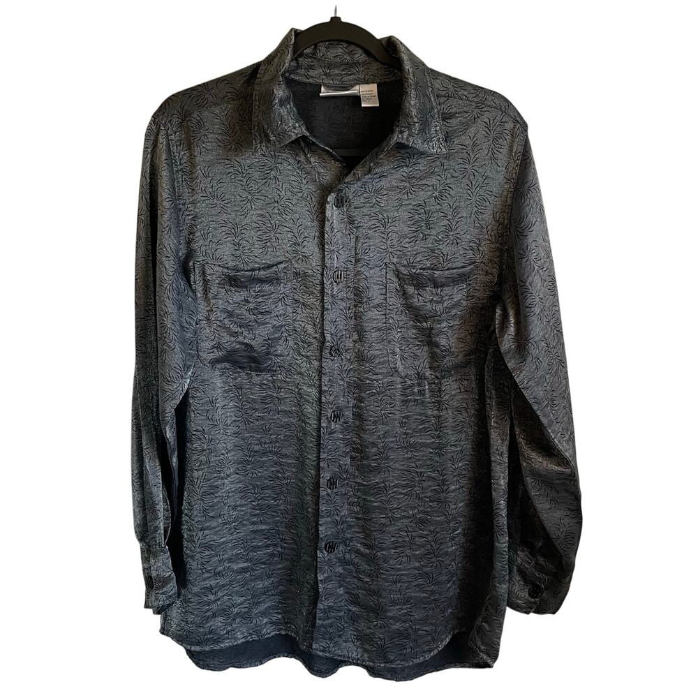Chico’s Design Button Up Blouse Top Sz L Gray Shimmer Black Accents Whimsigoth